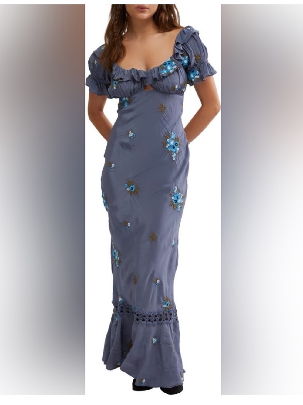 Free People Bali Santa Cruz Ruffle Floral Embroidery Blue Maxi Dress Medium NWT